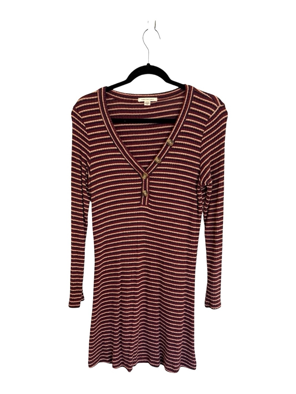 American Eagle Ribbed Henley Top - Burgundy & Cream Stripes